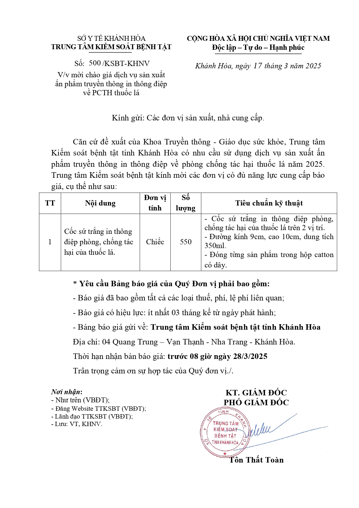 V/v mời chào giá dịch vụ sản xuất ấn phẩm truyền thông in thông điệp về PCTH thuốc lá